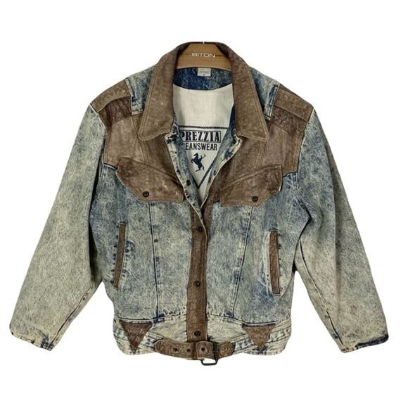 PREZZIA JEANS Jacket Women M Vintage Leather Patch Acid Wash Denim Adjust-Belt - Picture 2 of 16